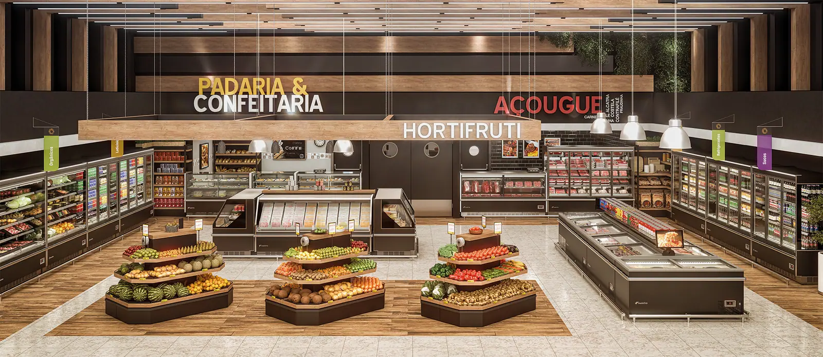 Instalação comercial finalizada com gôndolas e organização premium Sellenium 360