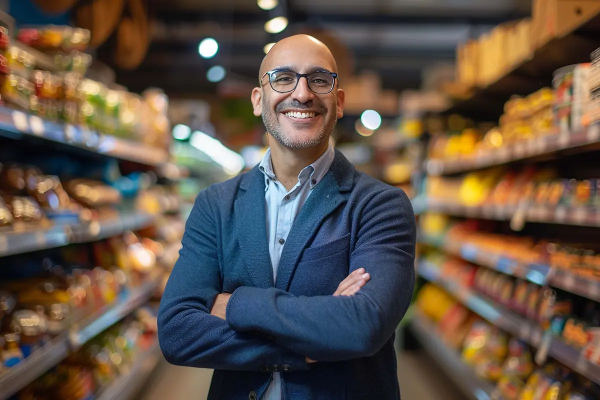 Gerente de supermercado sorridente em loja atendida pela Sellenium 360º